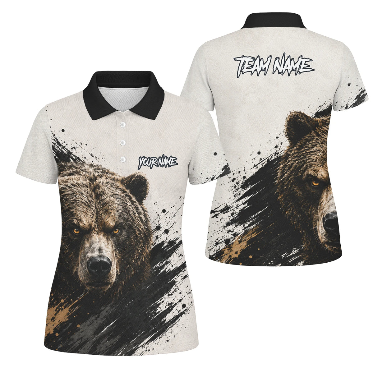 Personalisiertes Dartshirt mit weiß-schwarz-braunem Bären für Damen F926
