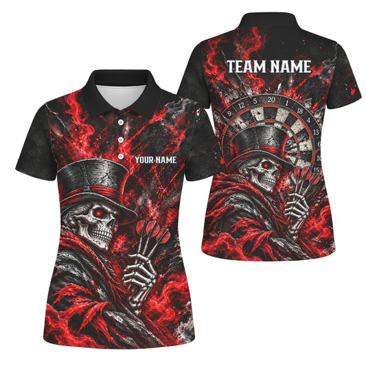 Personalisiertes Dartshirt in Schwarz und Rot mit Skelett, Zylinder, Dartpfeilen und Dartscheibe für Damen R5016