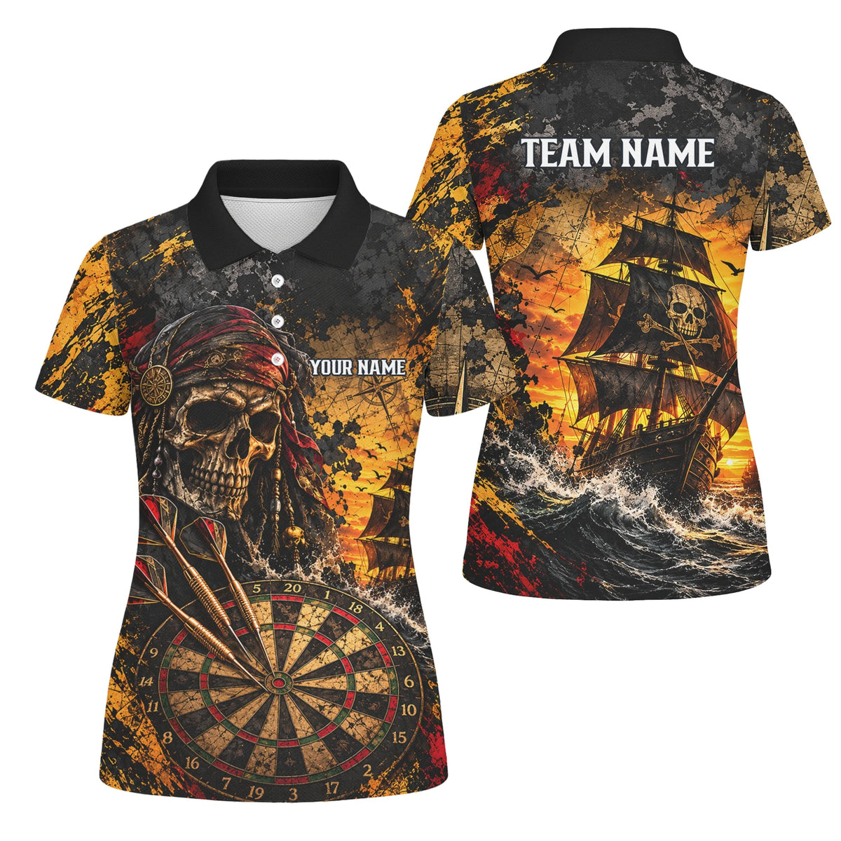 Personalisiertes Dartshirt in Schwarz und Gold mit Piraten-Totenkopf, Segelschiff und Dartscheibe für Damen N7943
