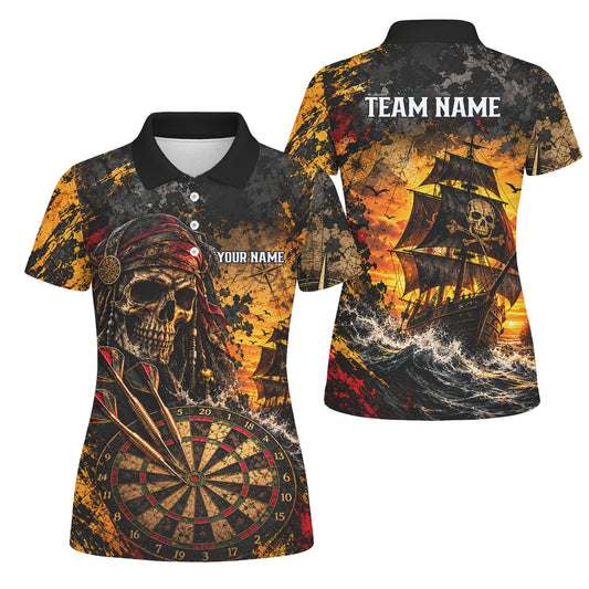 Personalisiertes Dartshirt in Schwarz und Gold mit Piraten-Totenkopf, Segelschiff und Dartscheibe für Damen N7943