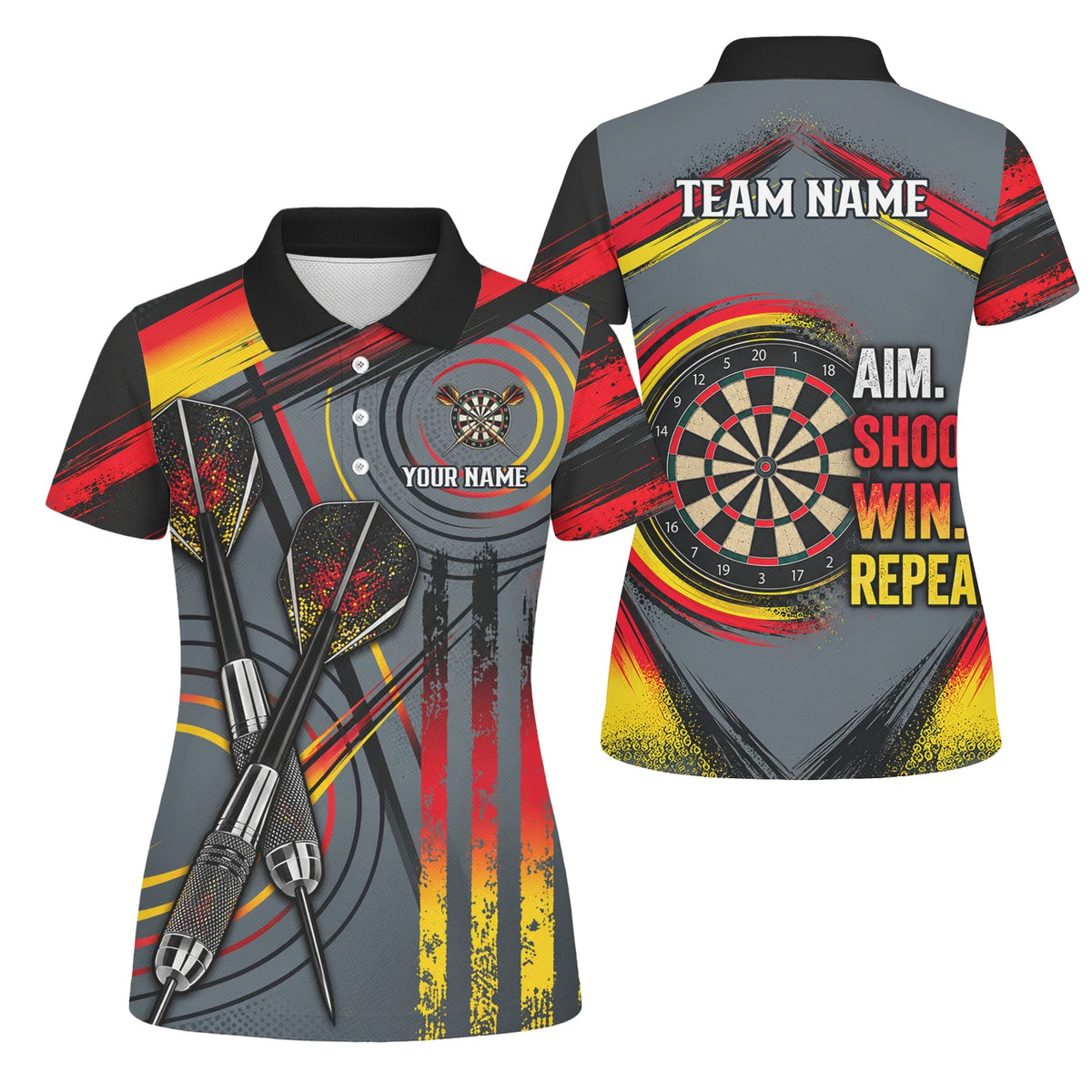 Personalisiertes Dartshirt in Grau, Schwarz, Rot und Gelb mit Dartpfeilen und Dartscheibe für Damen E2718