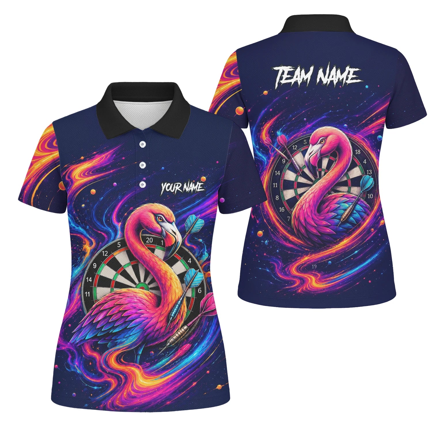 Personalisiertes Neon-Flamingo-Galaxie Dart Poloshirt für Damen D064