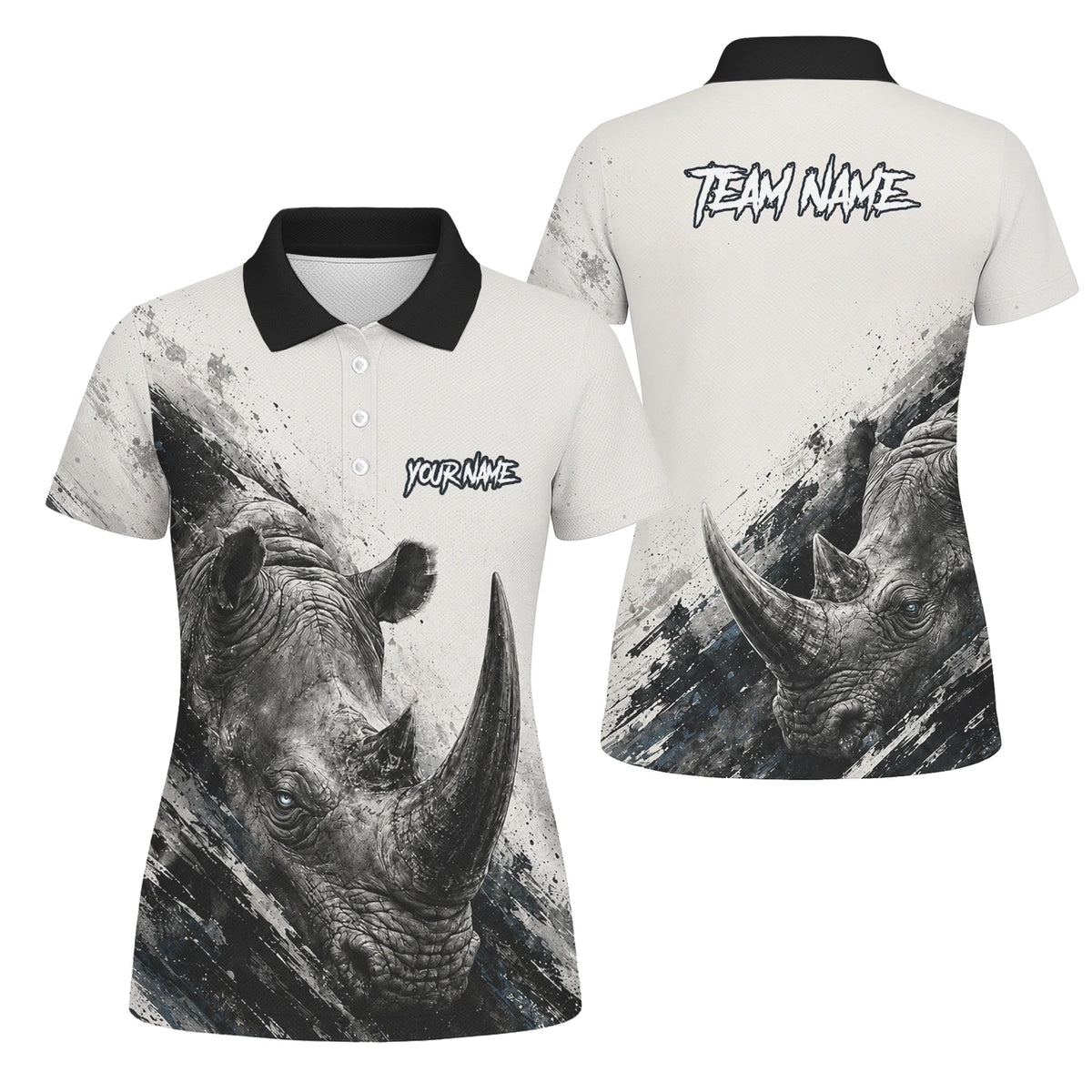 Personalisiertes Dartshirt mit weiß-schwarz-grauem Nashorn für Damen C312