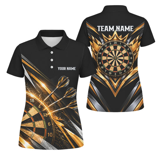 Personalisiertes Dartshirt in Schwarz, Gold und Weiß mit geometrischen Linien, Dartpfeilen, Krone und Dartscheibe für Damen V3775