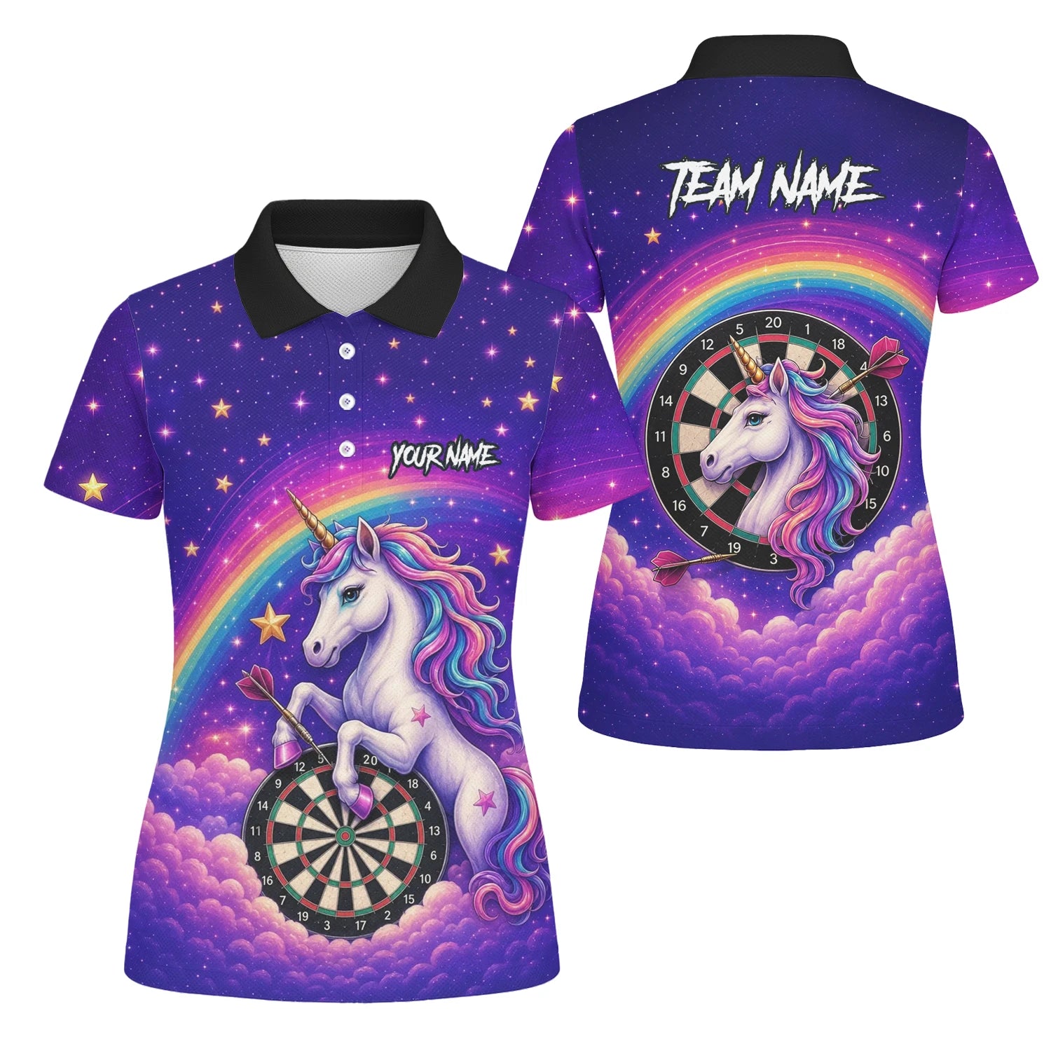 Personalisiertes Regenbogen-Einhorn Dart Poloshirt für Damen V221