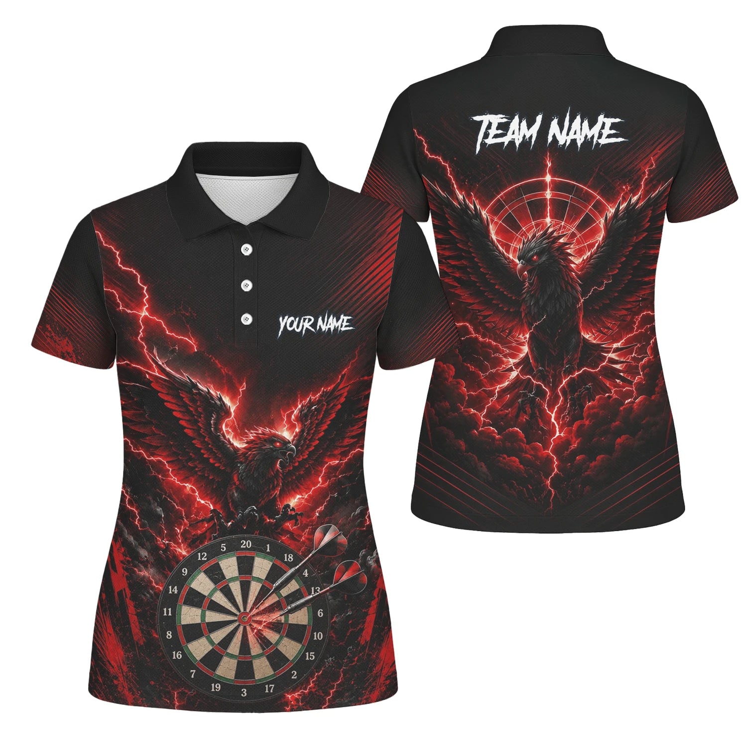 Personalisiertes Schwarz-rotes Phönix-Blitz-Dartboard Dartshirt für Damen J120