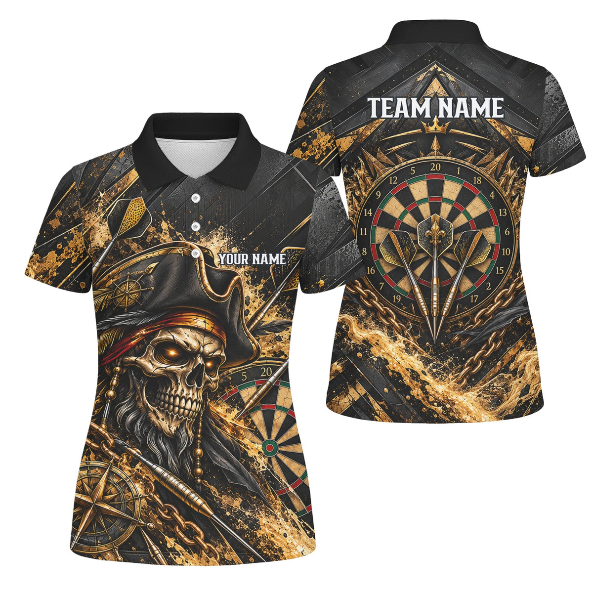 Personalisiertes Dartshirt in Schwarz und Gold mit Piraten-Totenkopf und Dartscheibe für Damen X7403