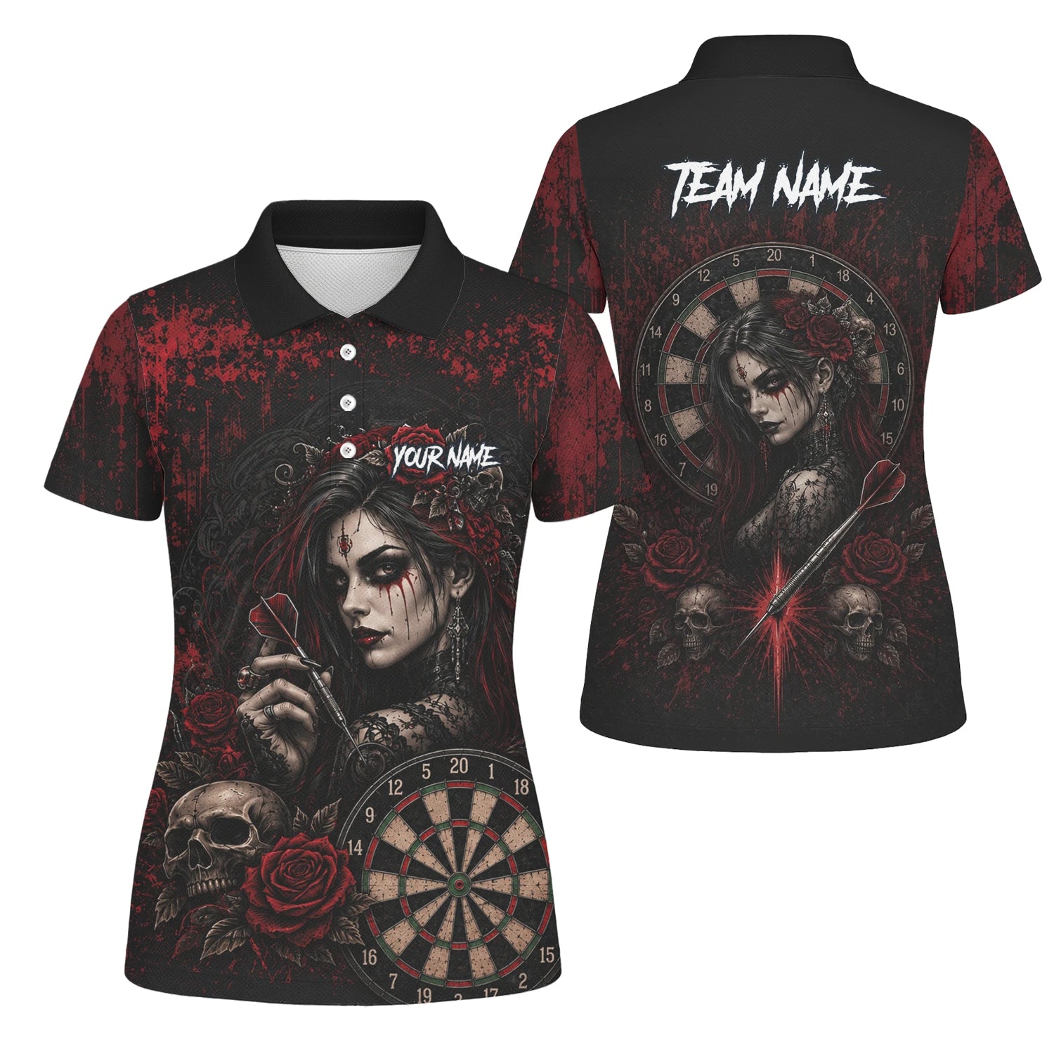 Personalisiertes Schwarz-rotes Gothic-Frauen-Totenkopf-Dartshirt für Damen W035