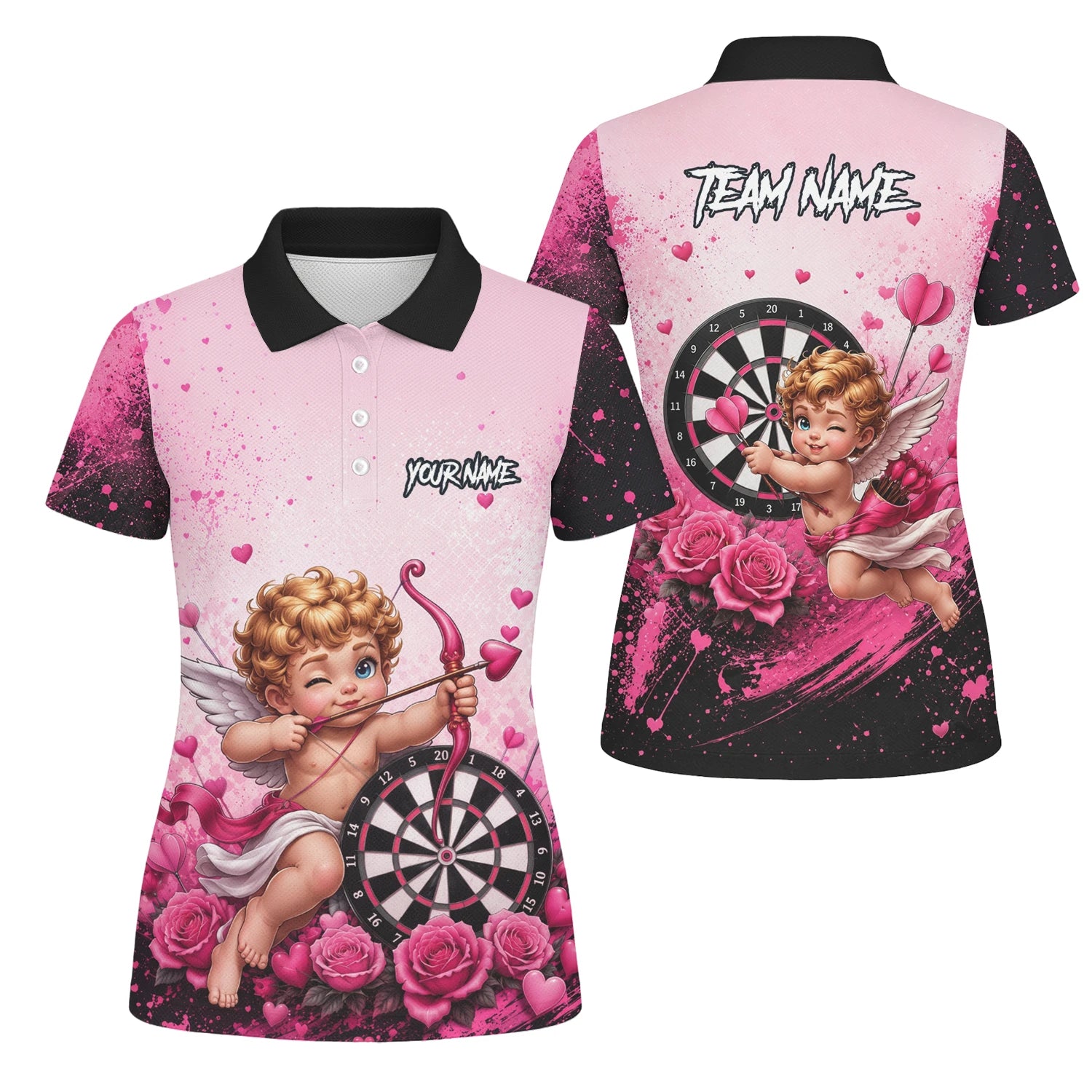 Personalisiertes Pink-schwarzes Amor-Dartboard Dartshirt für Damen I643