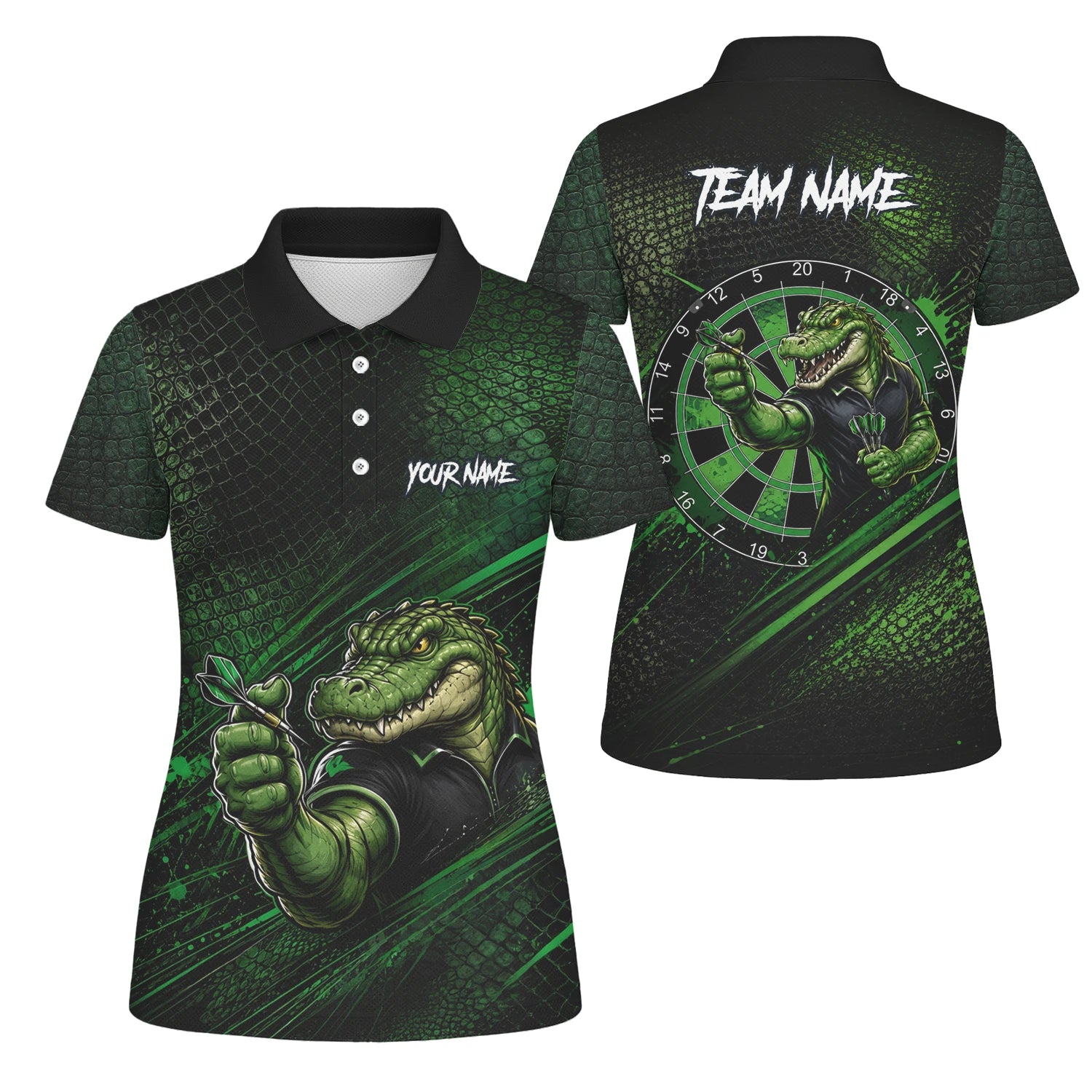 Personalisiertes Grün-schwarzes Alligator-Dartspieler-Dartshirt für Damen I987