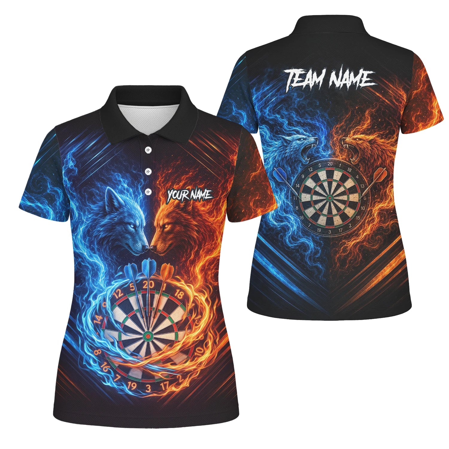 Personalisiertes Blau-oranges Wolf-Flammen-Dartboard Dartshirt für Damen A749
