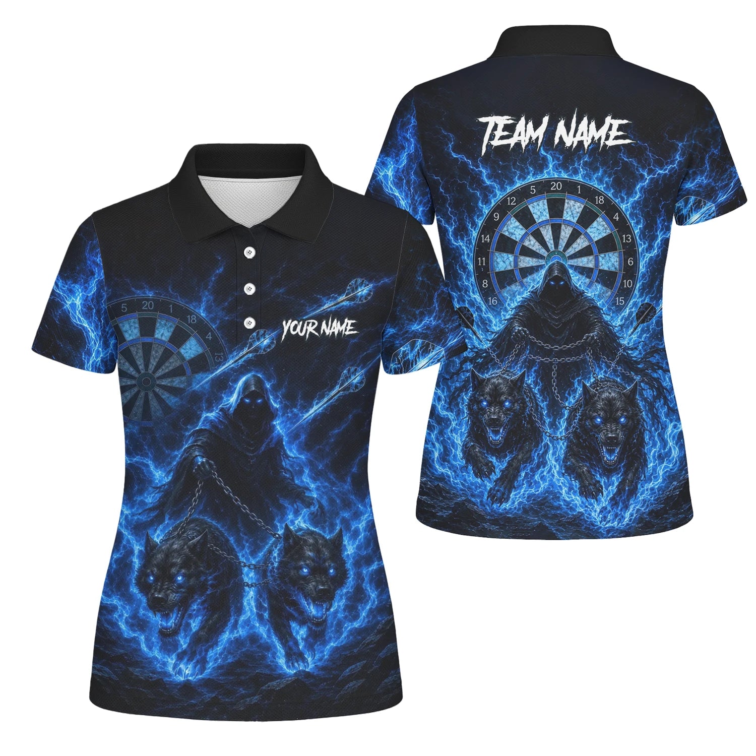 Personalisiertes Schwarz-blaues Sensenmann-und-Wölfe-Dartshirt für Damen X871