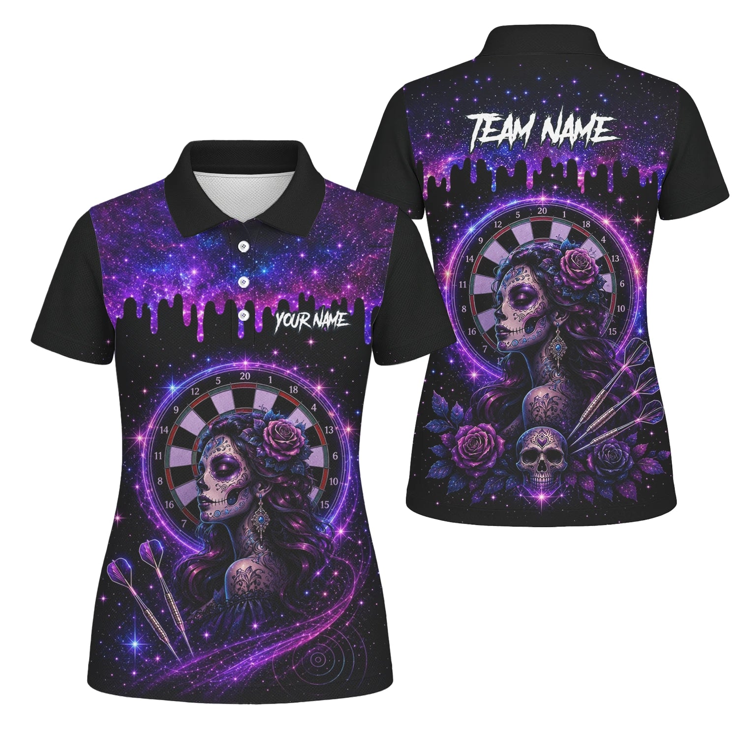 Personalisiertes Lila Galaxie Sugar-Skull-Dartshirt für Damen Z967