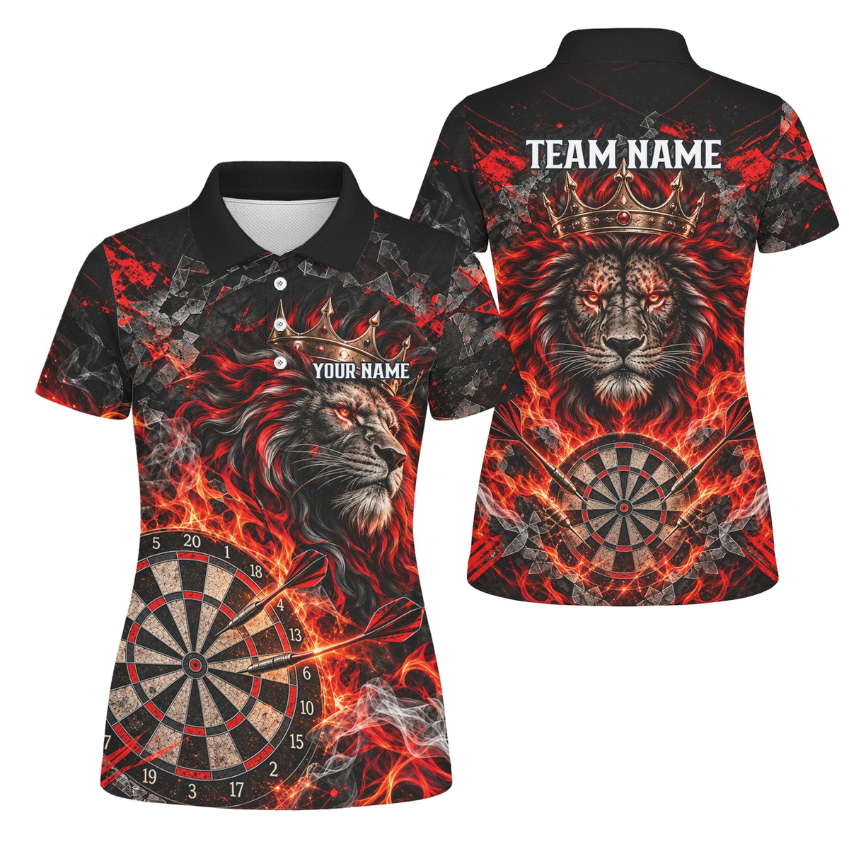 Personalisiertes Dartshirt in Schwarz und Rot mit gekröntem Löwen, Flammen und Dartscheibe für Damen O5343