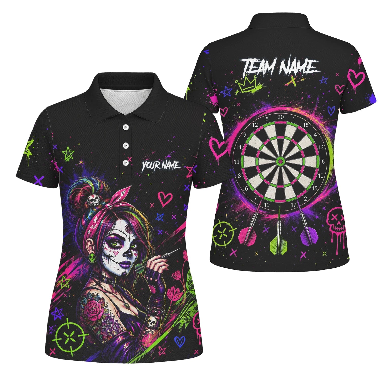 Personalisiertes Schwarz-neonfarbenes Sugar-Skull-Frauen-Dartshirt für Damen K745