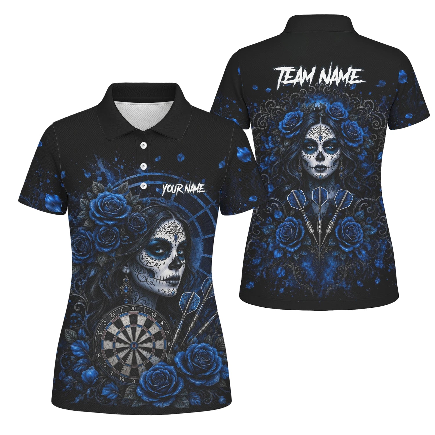 Personalisiertes Schwarz-blaues Sugar-Skull-Rosen-Dartshirt für Damen I884