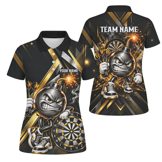 Personalisiertes Dartshirt in Schwarz und Gold mit wütender Comic-Bombe, Pokal und Dartscheibe für Damen R0150