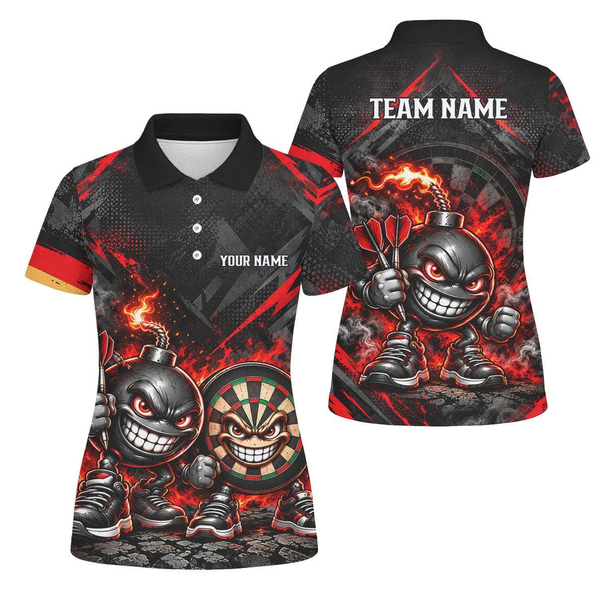 Personalisiertes Dartshirt in Schwarz und Rot mit feurigen Comic-Bomben und Dartscheibe für Damen U4656