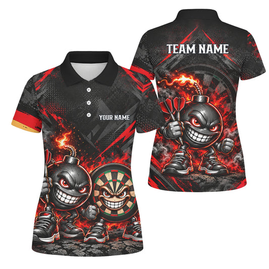 Personalisiertes Dartshirt in Schwarz und Rot mit feurigen Comic-Bomben und Dartscheibe für Damen U4656