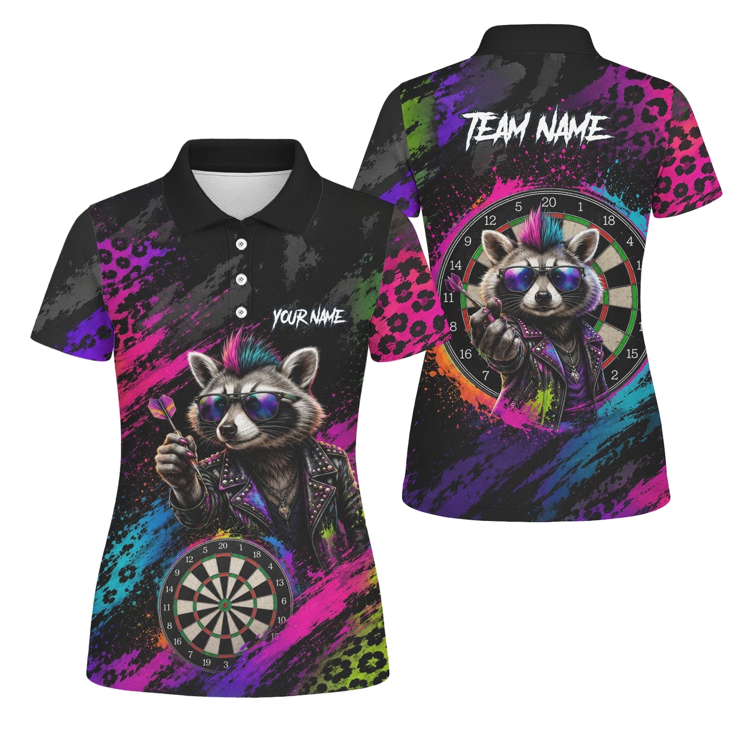 Personalisiertes Schwarz-buntes Punk-Waschbär-Dartboard Dartshirt für Damen E164