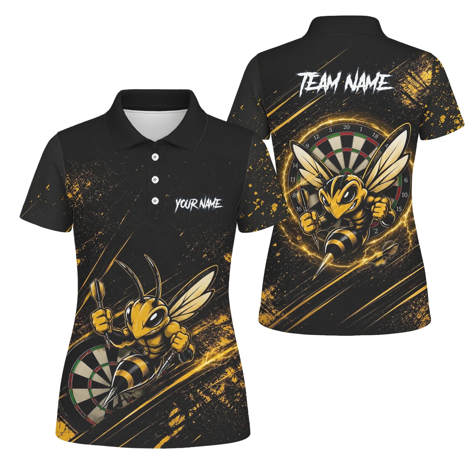 Personalisiertes Schwarz-goldenes Bienen-Dartboard Dartshirt für Damen L410