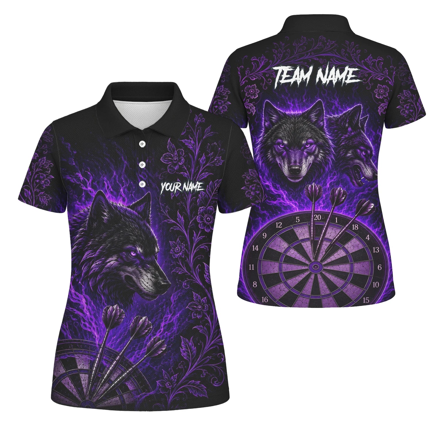 Personalisiertes Schwarz-lila Wolf-Dartboard Dartshirt für Damen J133