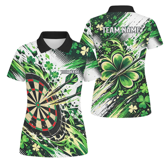 Personalisiertes Dartshirt in Grün, Schwarz und Weiß mit Kleeblättern und Dartscheibe für Damen J0950