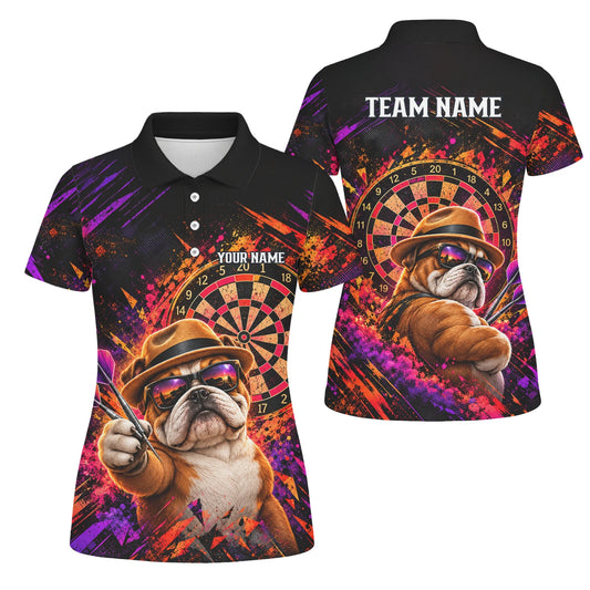 Personalisiertes Dartshirt in Schwarz, Orange und Lila mit Bulldogge, Hut und Dartscheibe für Damen T9938