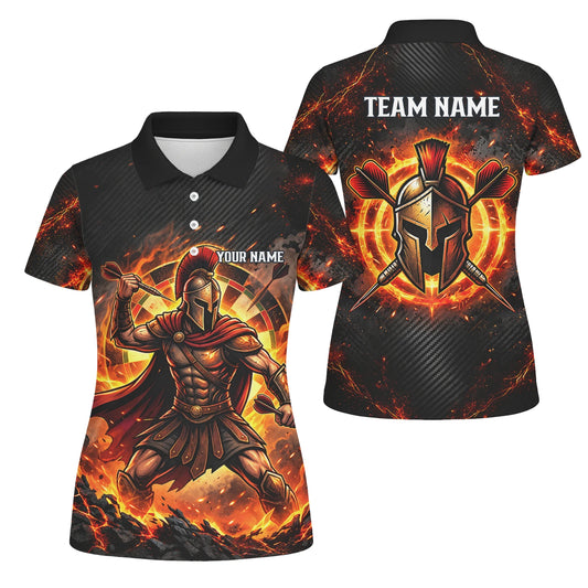 Personalisiertes Dartshirt in Schwarz, Rot und Orange mit spartanischem Krieger, Flammen und Dartscheibe für Damen X1710