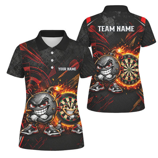 Personalisiertes Dartshirt mit schwarz-roter wütender Comic-Bombe und Dartscheibe für Damen C3423
