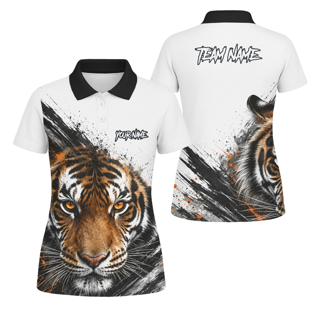 Personalisiertes Dartshirt mit weiß-schwarz-orangenem Tiger für Damen N832