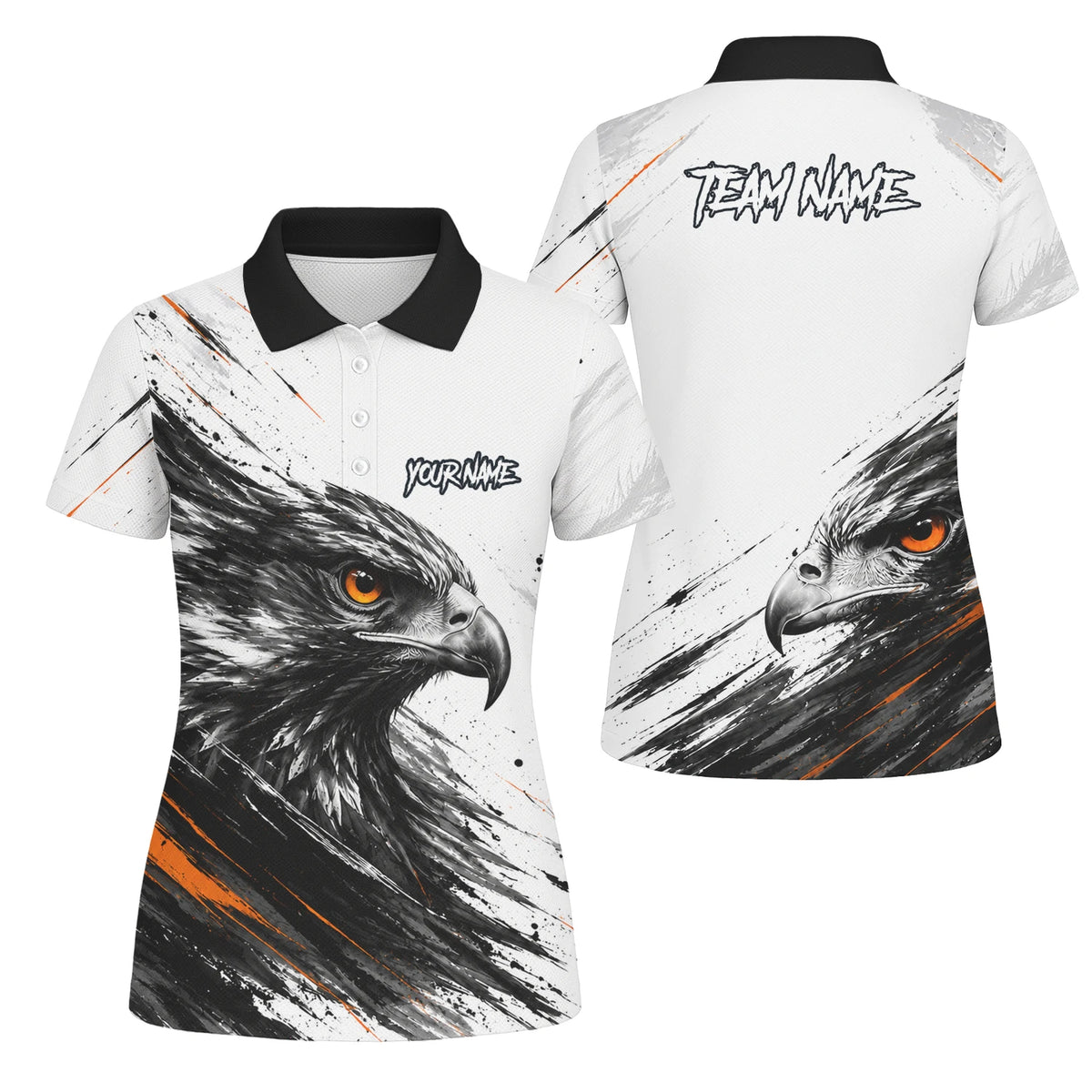 Personalisiertes Dartshirt mit weiß-schwarz-orangenem Adler für Damen V695