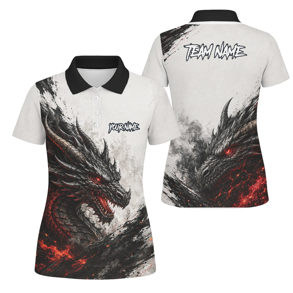 Personalisiertes Dartshirt mit weiß-schwarz-rotem Drachen für Damen Z061