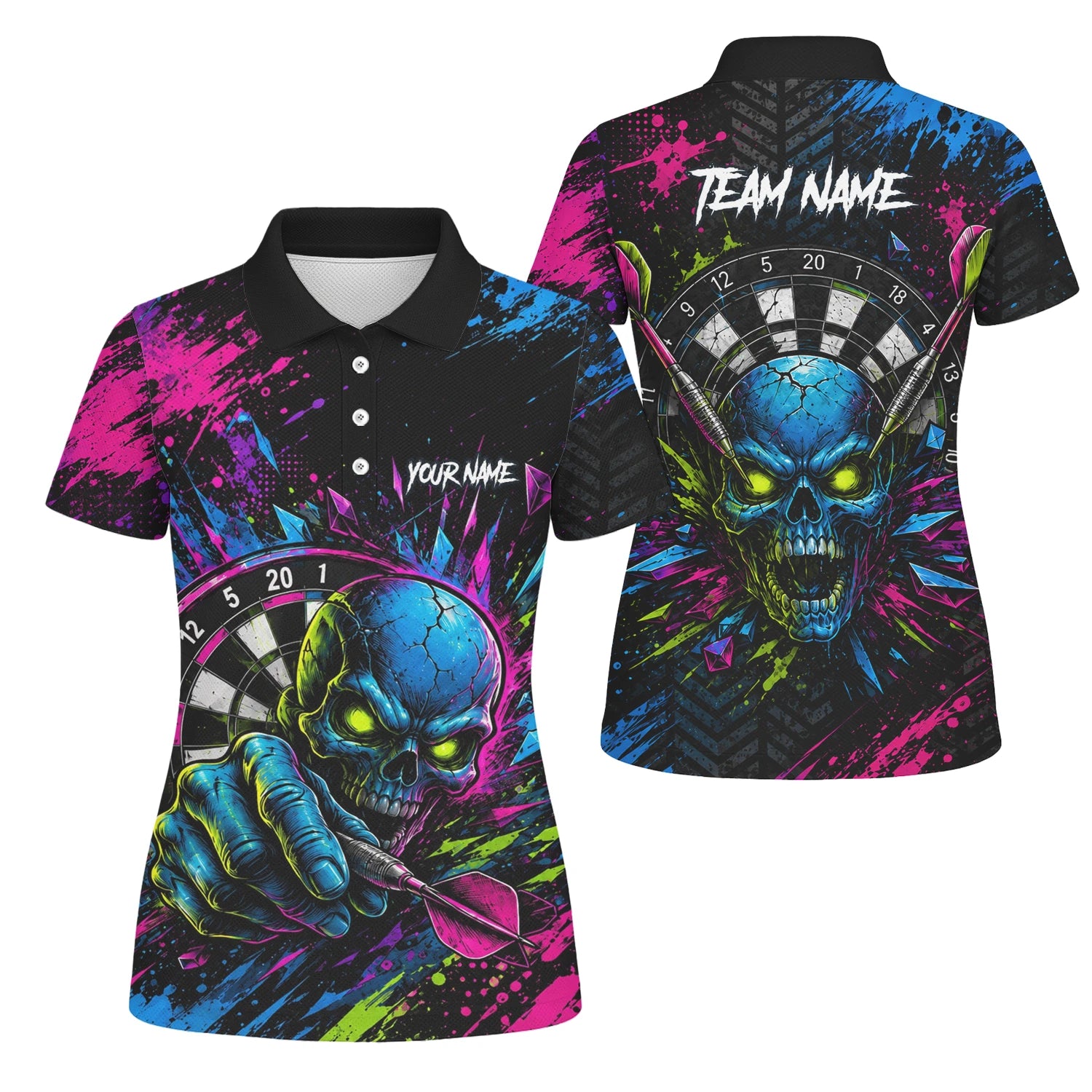 Personalisiertes Neonfarbenes Totenkopf-Dartboard Dartshirt für Damen S232