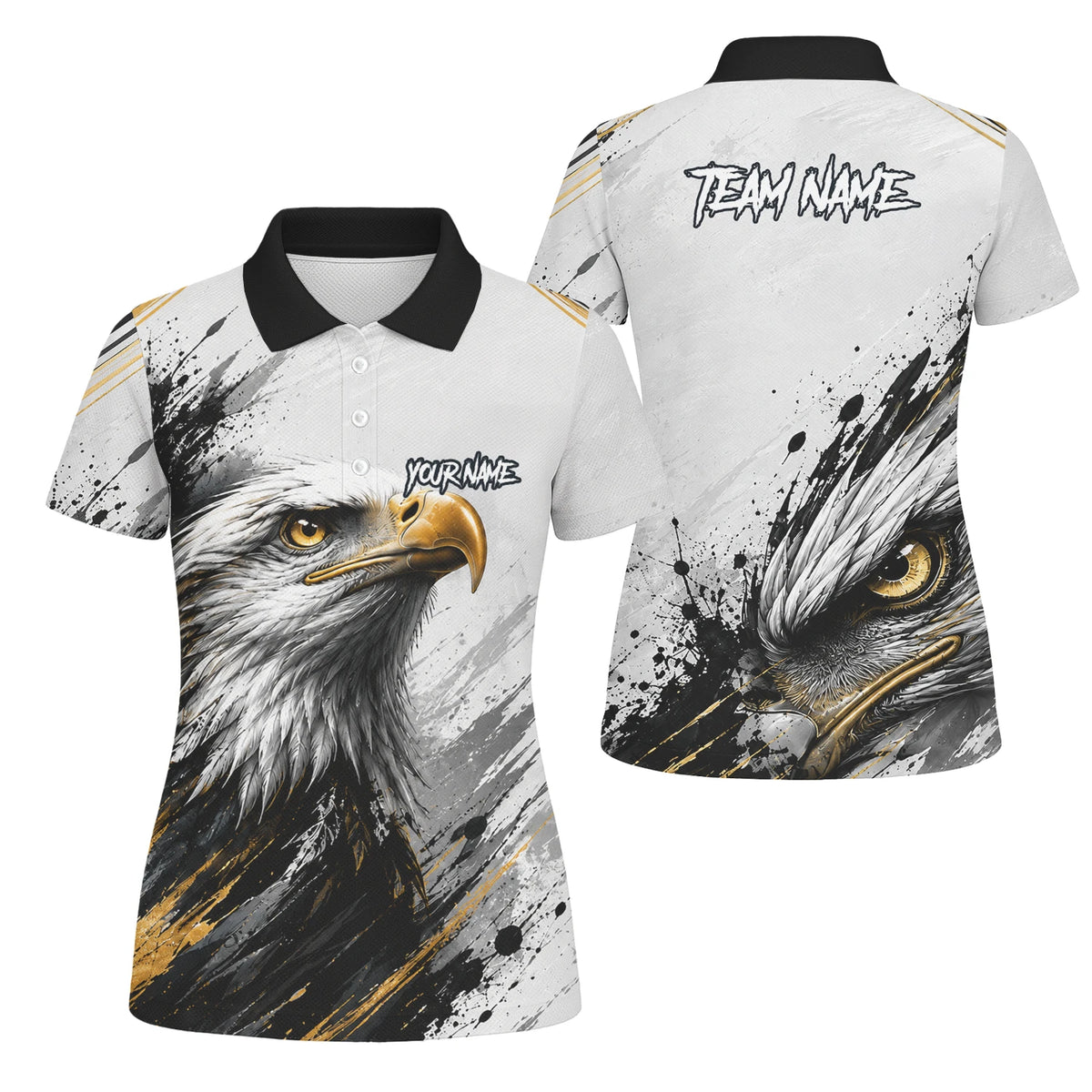 Personalisiertes Dartshirt mit weiß-schwarz-goldenem Weißkopfseeadler für Damen S805