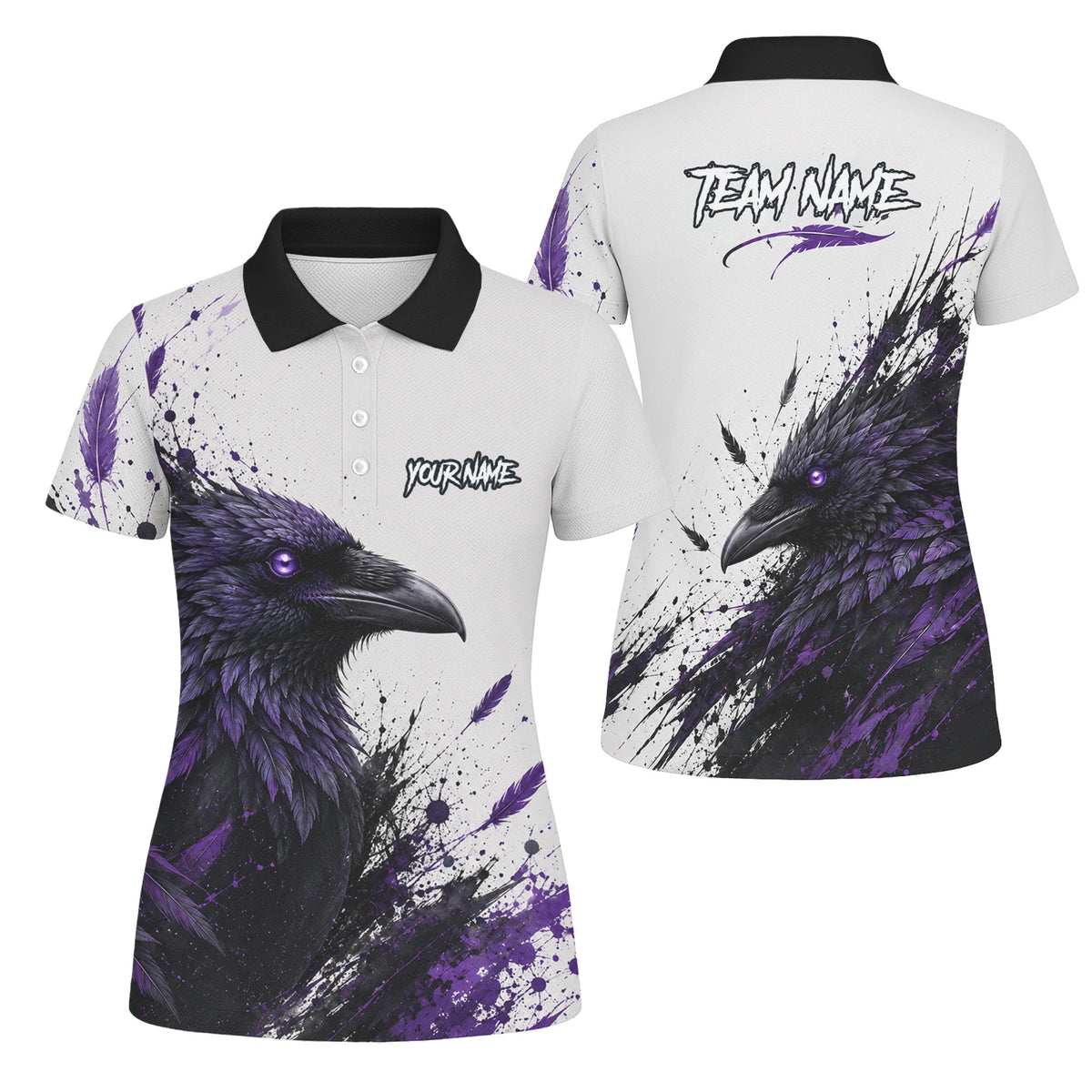 Personalisiertes Dartshirt mit weiß-schwarz-violettem Raben für Damen Z888