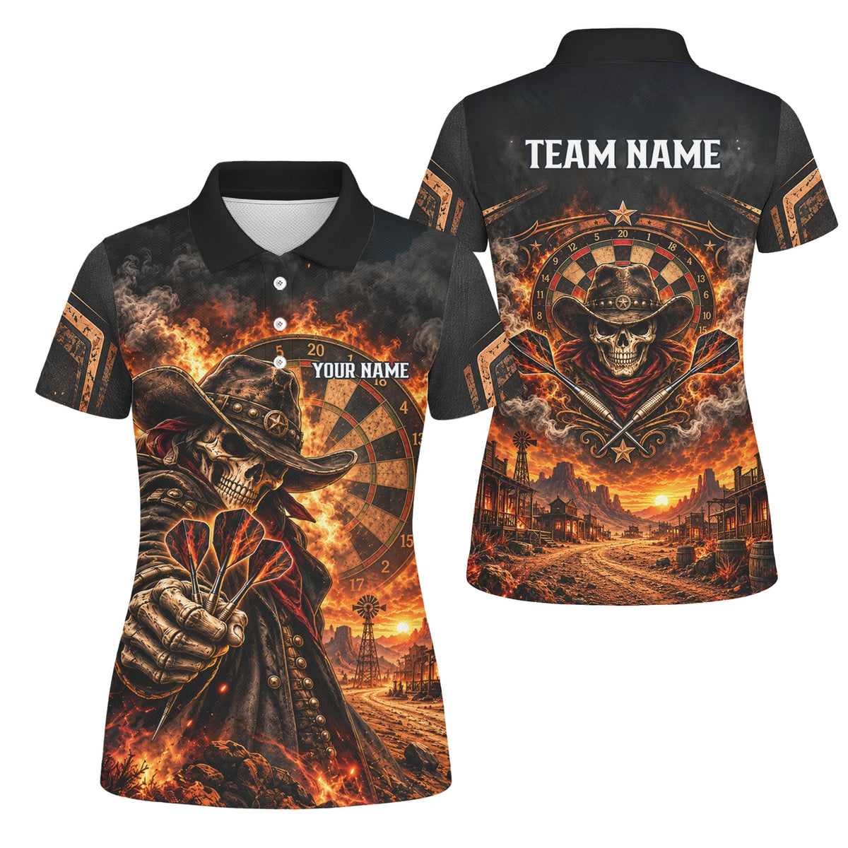 Personalisiertes Dartshirt in Schwarz und Orange mit Cowboy-Totenkopf, Flammen und Dartscheibe für Damen G9772