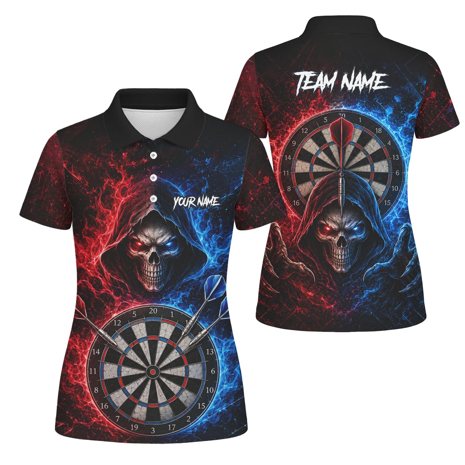 Personalisiertes Rot-blaues Totenkopf Dart Poloshirt für Damen L857