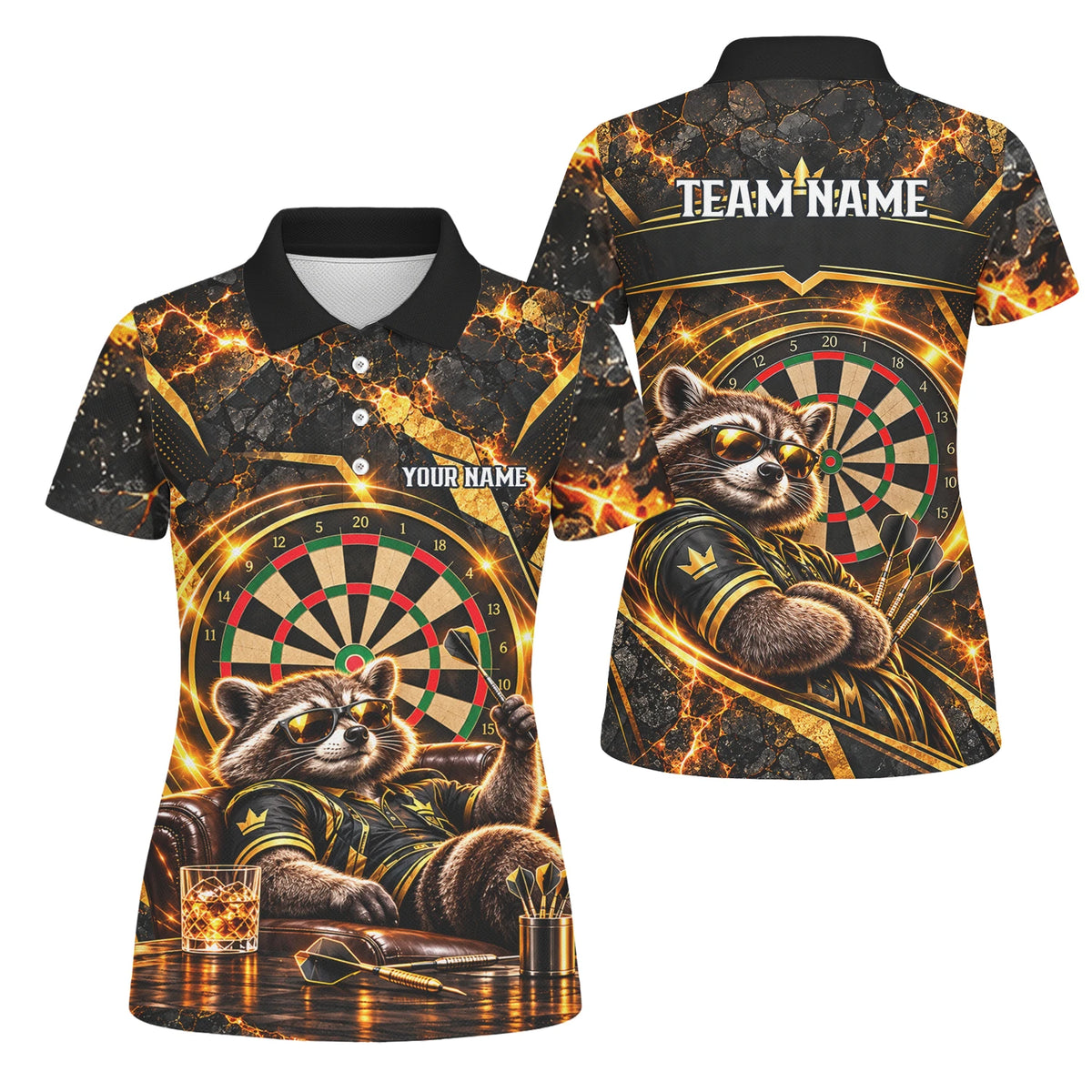 Personalisiertes Dartshirt mit schwarz-goldenem Waschbären und Dartscheibe für Damen B7615