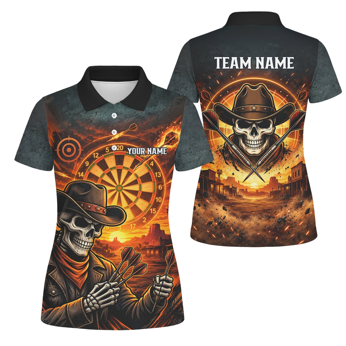 Personalisiertes Dartshirt in Schwarz und Orange mit Western-Cowboy-Totenkopf und Dartscheibe für Damen L8691