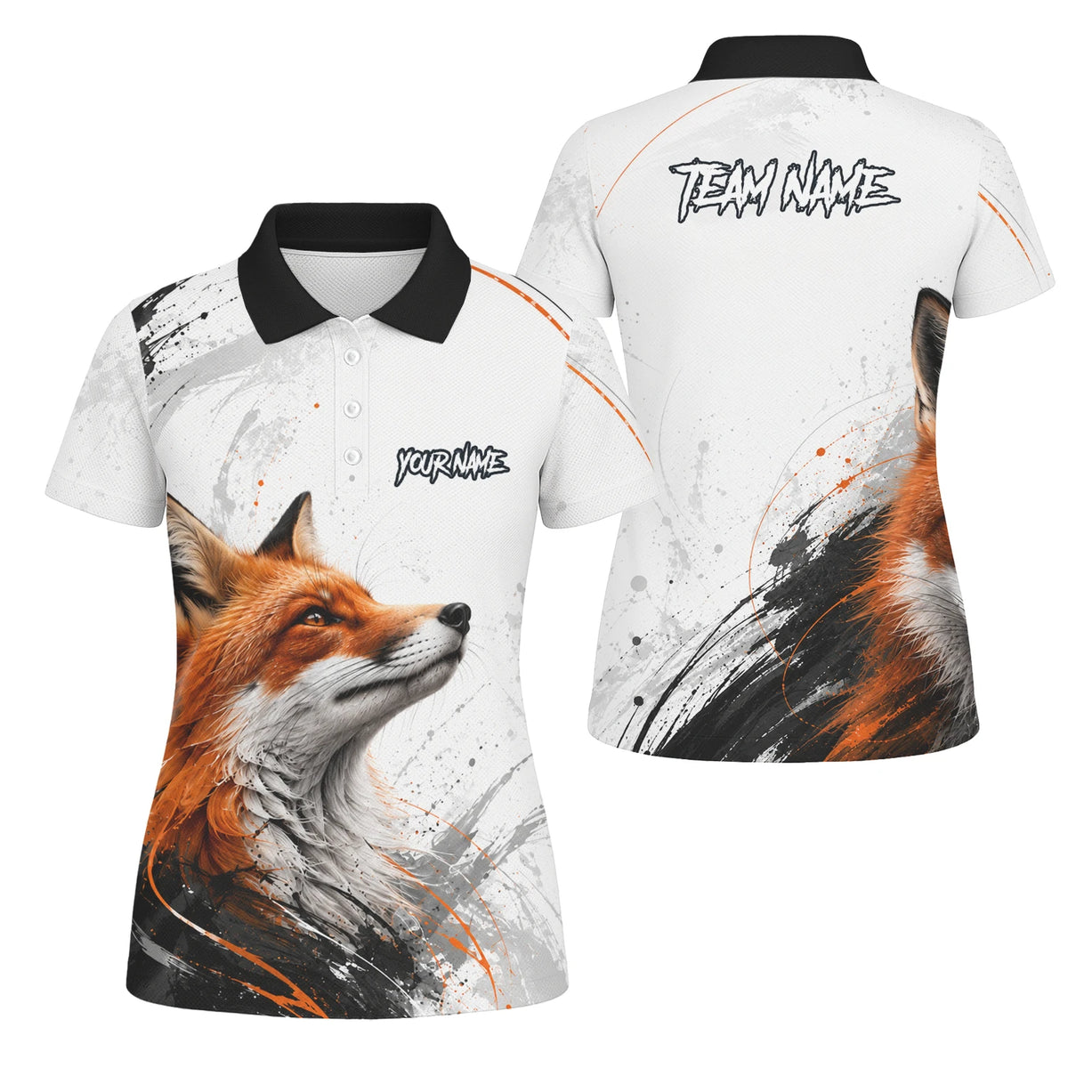 Personalisiertes Dartshirt mit weiß-schwarz-orangenem Fuchs für Damen D228