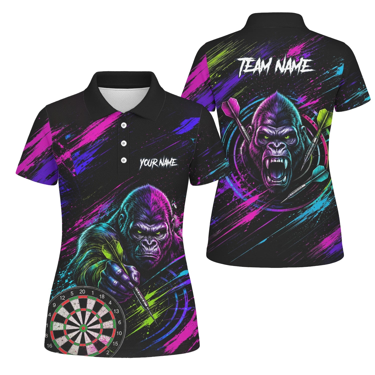 Personalisiertes Schwarz-pink-lila Gorilla-Dartshirt für Damen U874