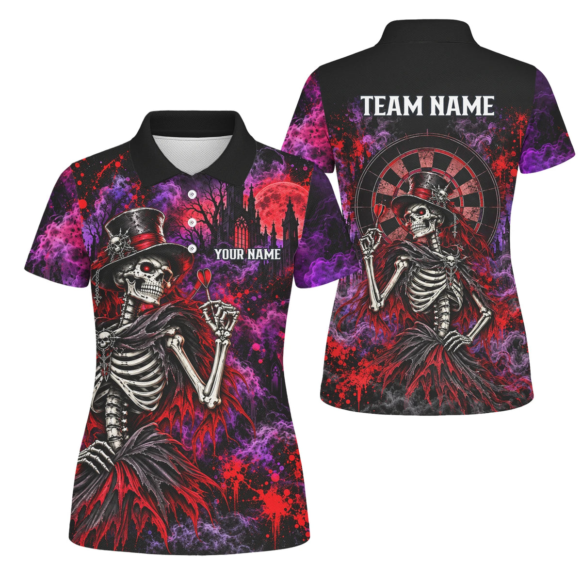 Personalisiertes Dartshirt in Schwarz, Rot und Lila mit Skelett, Zylinder und Dartscheibe für Damen P3058