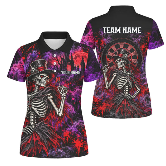 Personalisiertes Dartshirt in Schwarz, Rot und Lila mit Skelett, Zylinder und Dartscheibe für Damen P3058