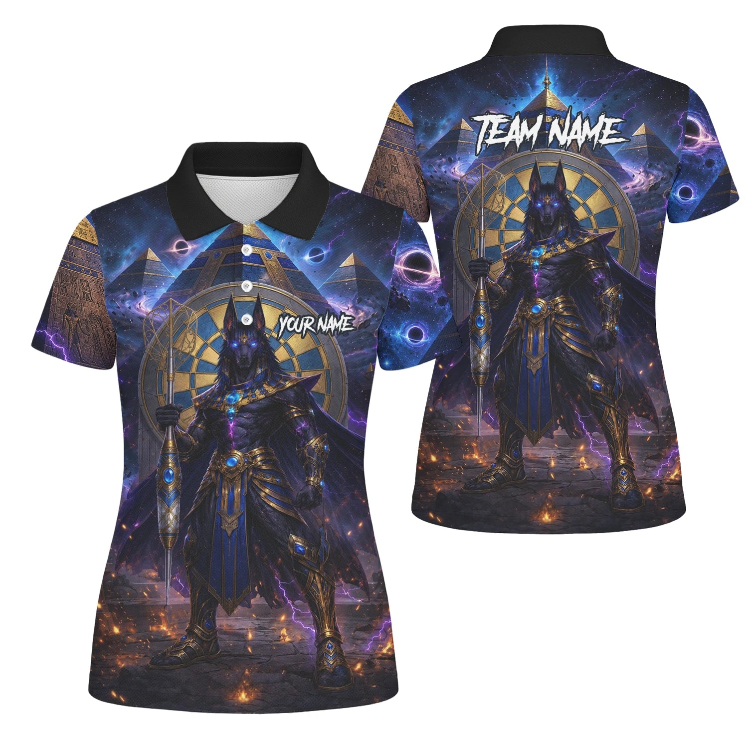 Personalisiertes Blau-gold-schwarzes Anubis-Dartshirt für Damen N118