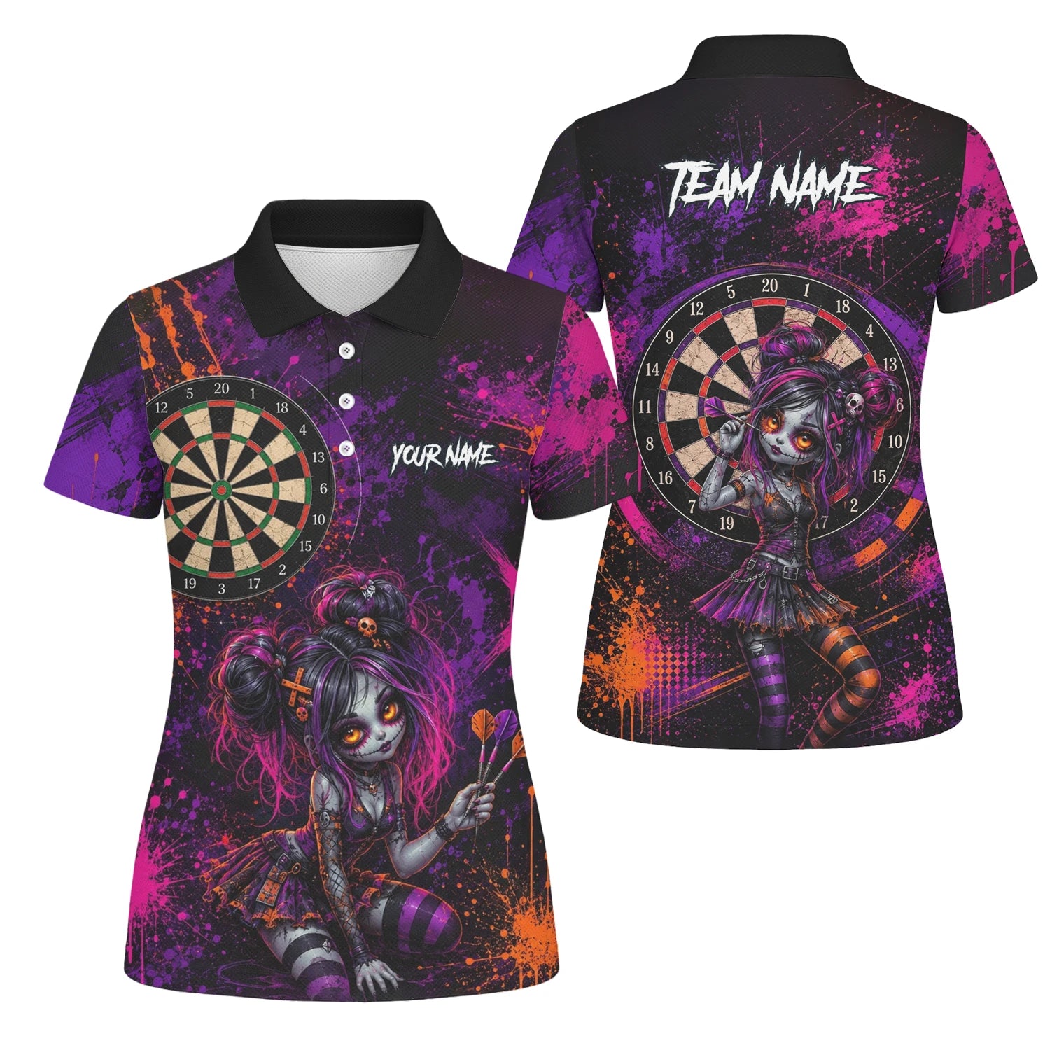 Personalisiertes Schwarz-lila-pink-oranges Gothic-Dartshirt für Damen Z641