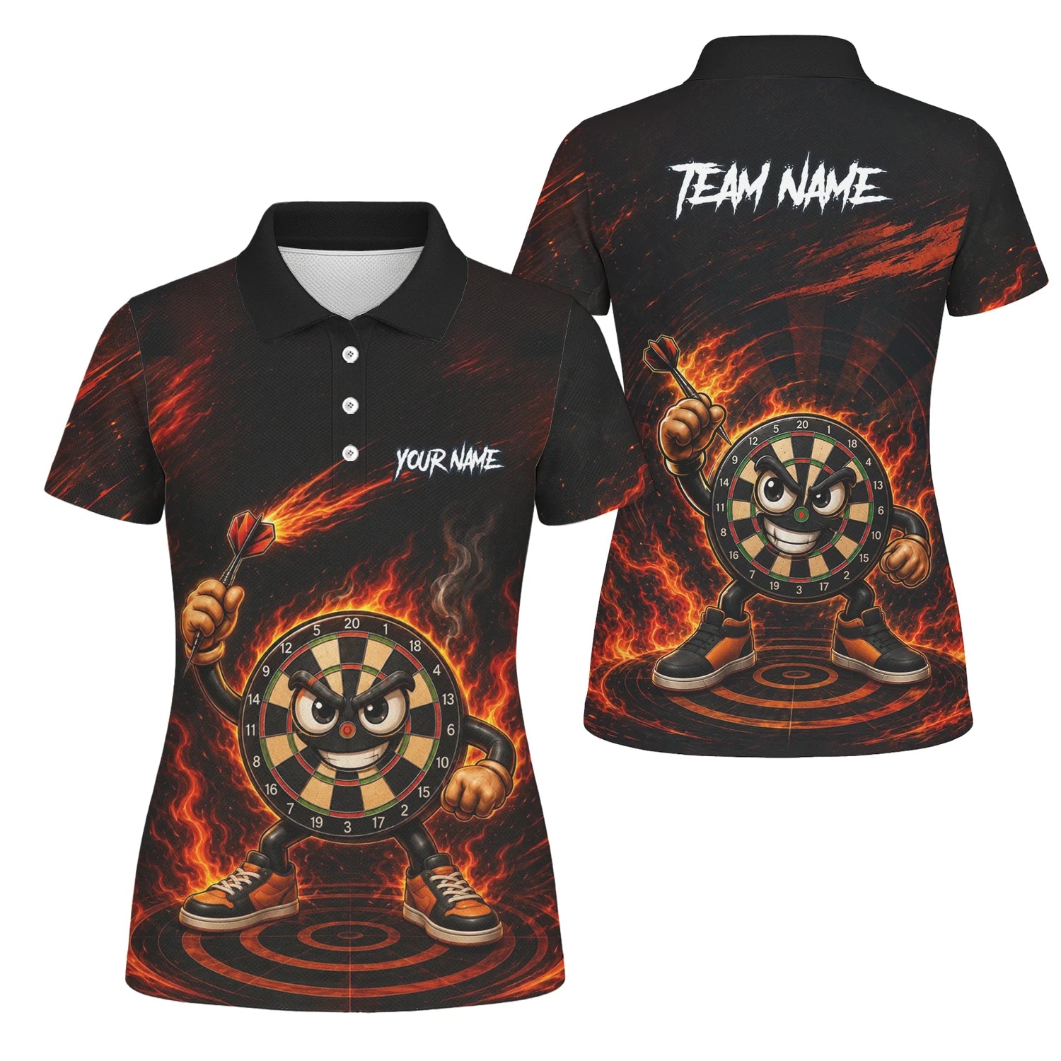 Personalisiertes Schwarz-rotes Flammen-Dartboard-Dartshirt für Damen W224