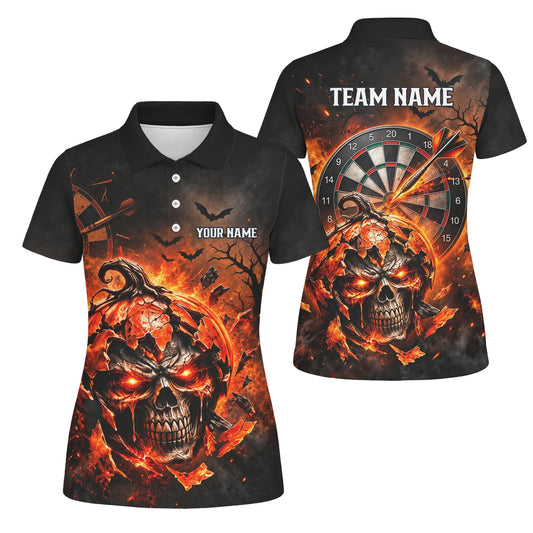 Personalisiertes Dartshirt in Schwarz und Orange mit flammendem Kürbis-Totenkopf und Dartscheibe für Damen S4076