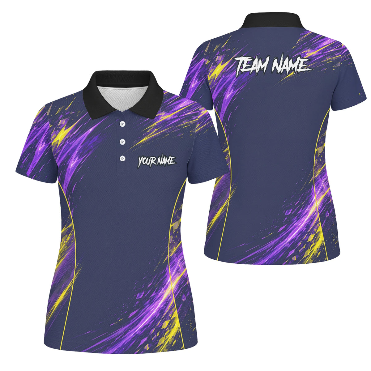 Personalisiertes Dartshirt mit dunkelblau-lila-gelbem abstraktem Design für Damen D517