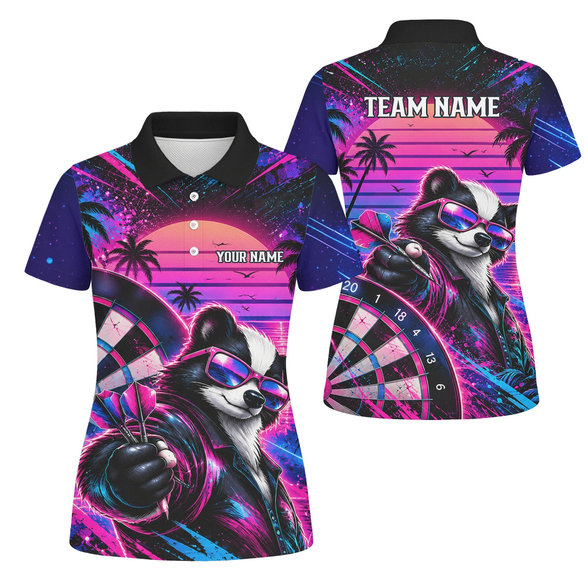 Personalisiertes Dartshirt in Pink, Lila und Blau mit Neon-Waschbären, Palmen, Sonnenuntergang und Dartscheibe für Damen N5114
